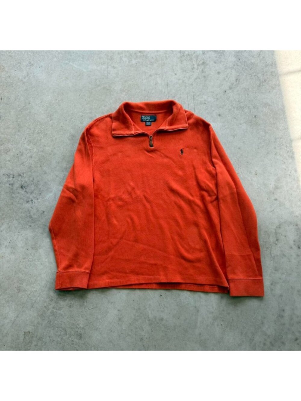 Classic Polo Ralph Lauren quarter-zip knit sweater in a vibrant orange